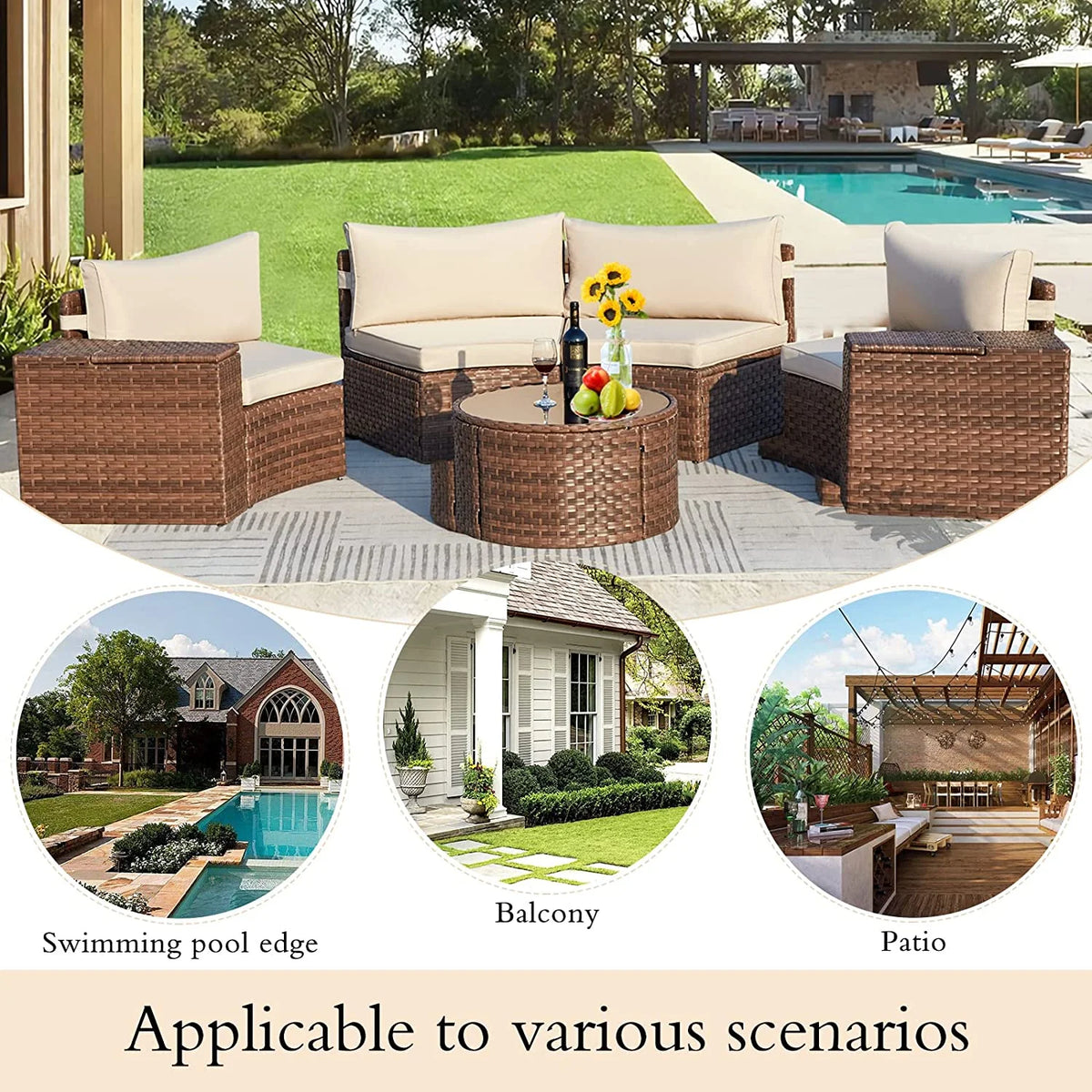 7 Piece Outdoor Patio Sectional Sofa Set with Storage Armrest B4982