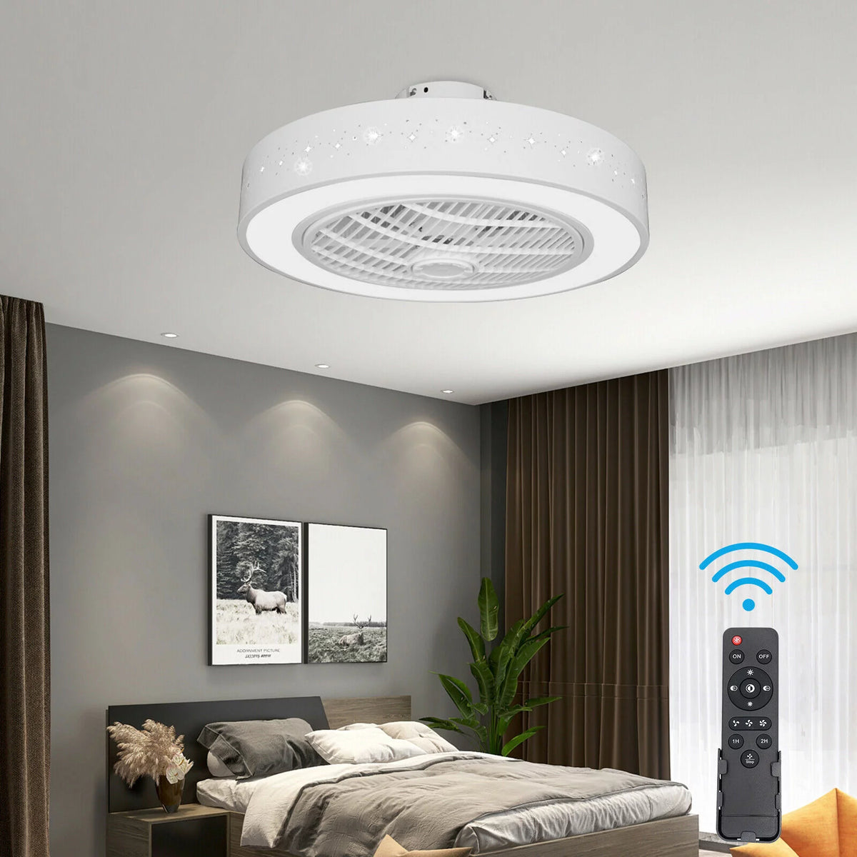 Round LED Ceiling Fan Light Lamp 3 Speed Dimmable E72324