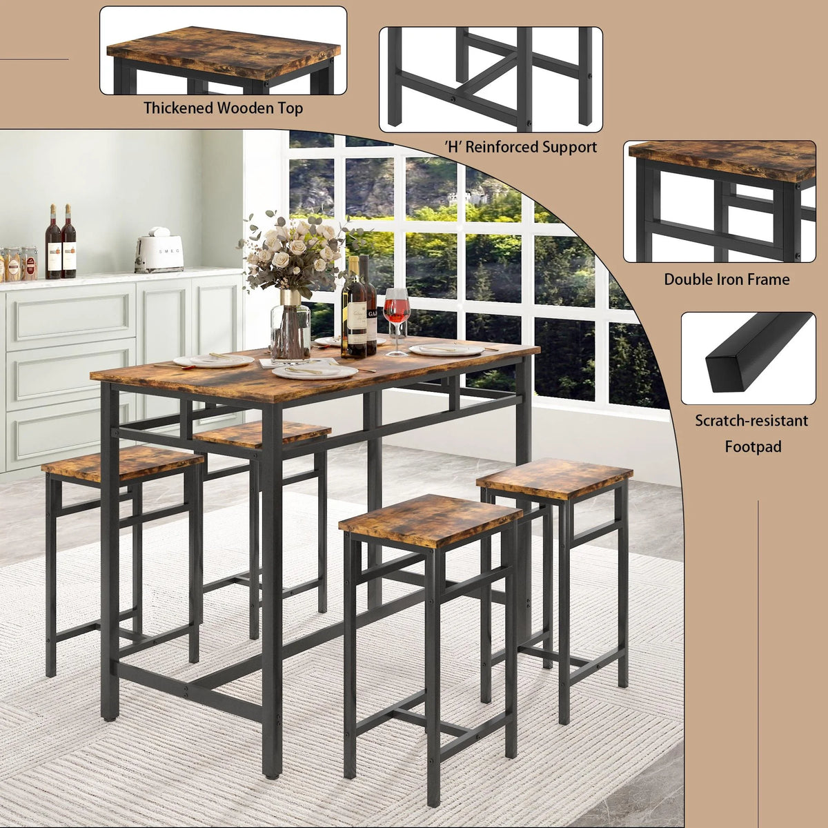 Bar Table Set of 5 Counter Height Dining Table & 4 Stools Rustic Brown O1496
