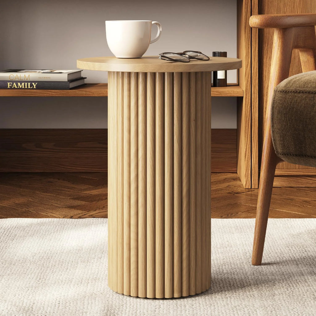 Round Fluted Wooden Side Table with Solid Oak Base A231444
