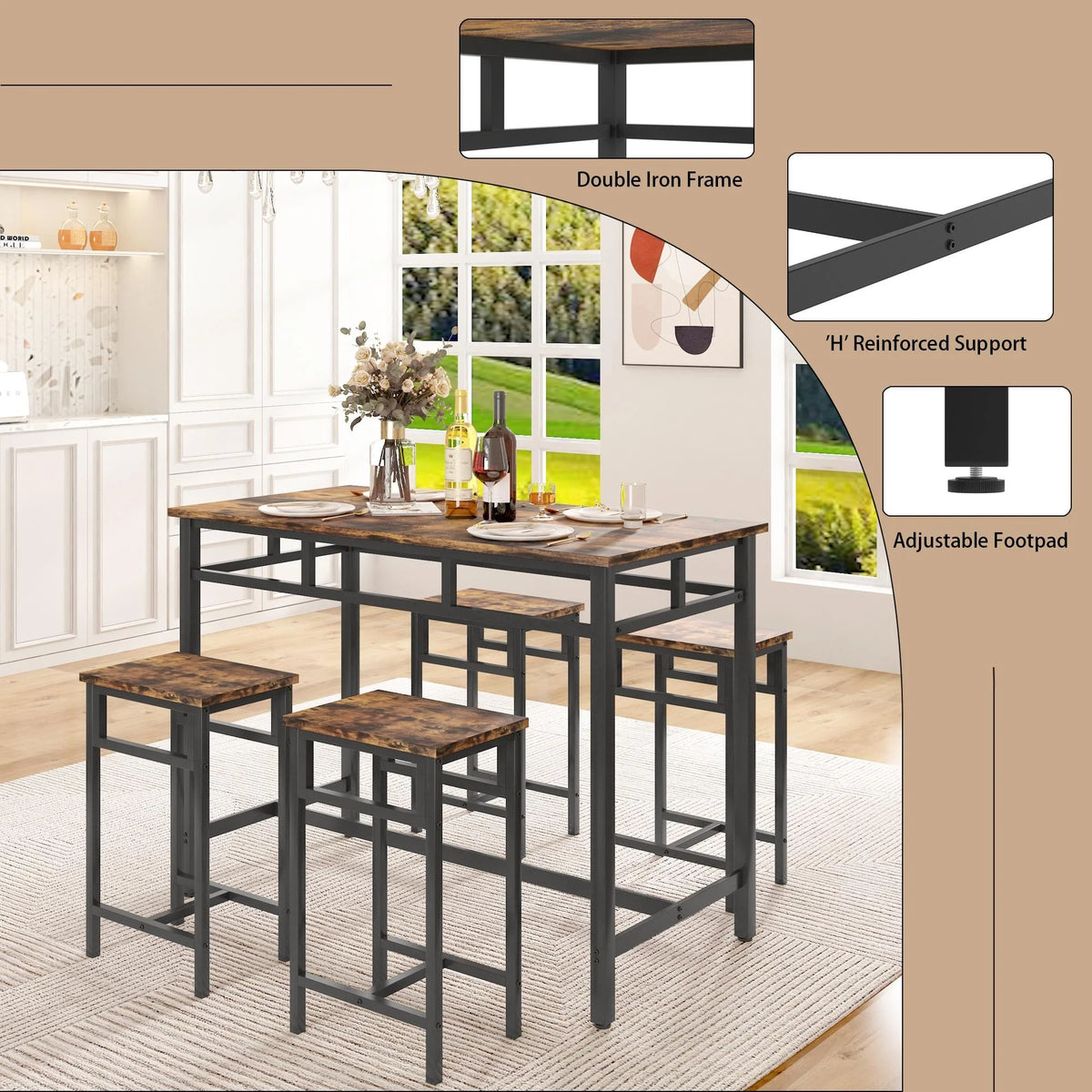 Bar Table Set of 5 Counter Height Dining Table & 4 Stools Rustic Brown O1496