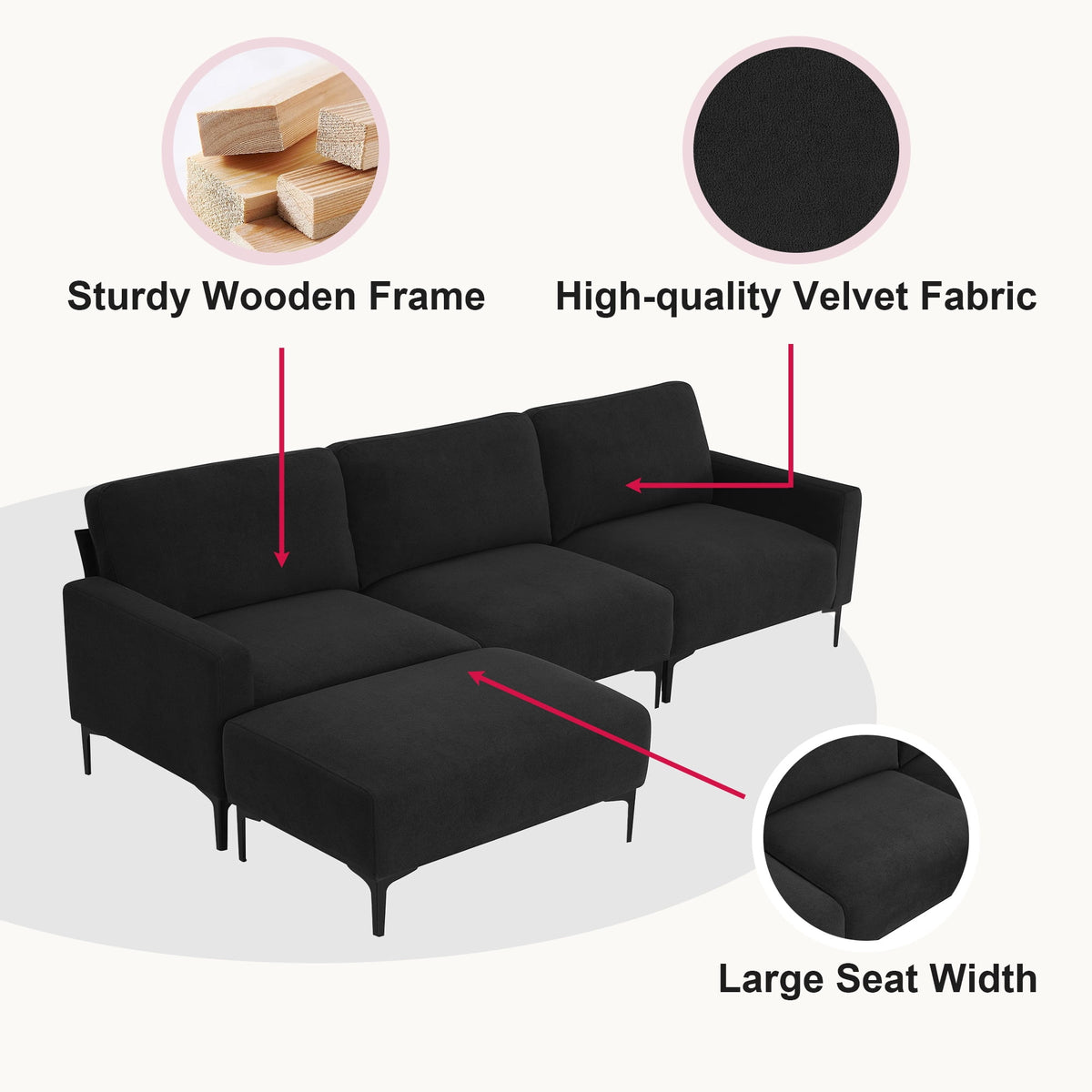 Dark Gray Velvet L Shaped Sectional Sofa with Ottoman C71030