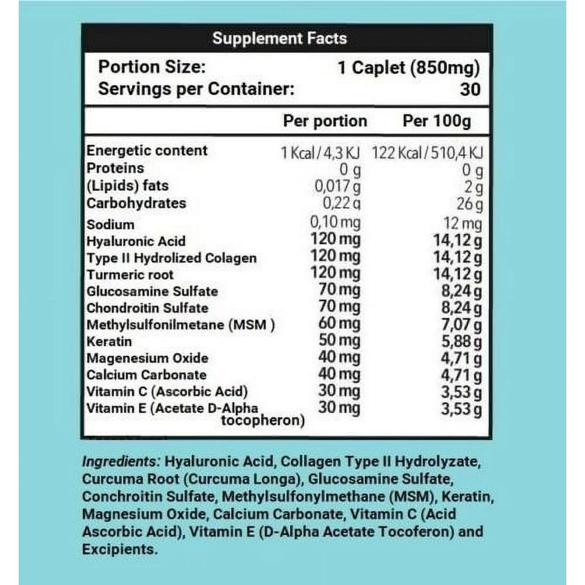 30 Caplets 850 mg + Hyaluronic Acid 100 ml Q3188