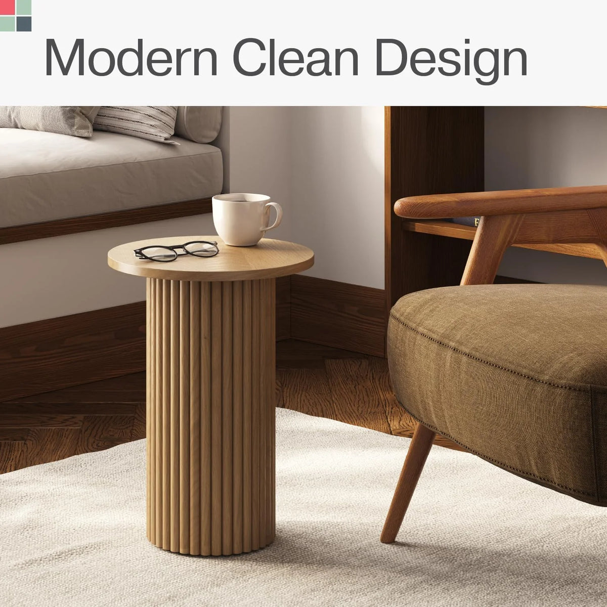Round Fluted Wooden Side Table with Solid Oak Base A231444