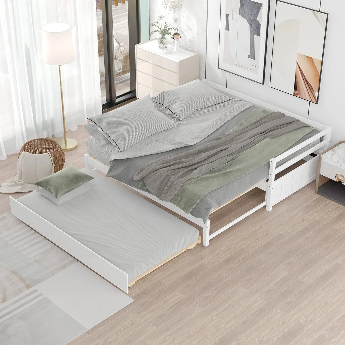 White Wood Extendable Daybed with Trundle N3419
