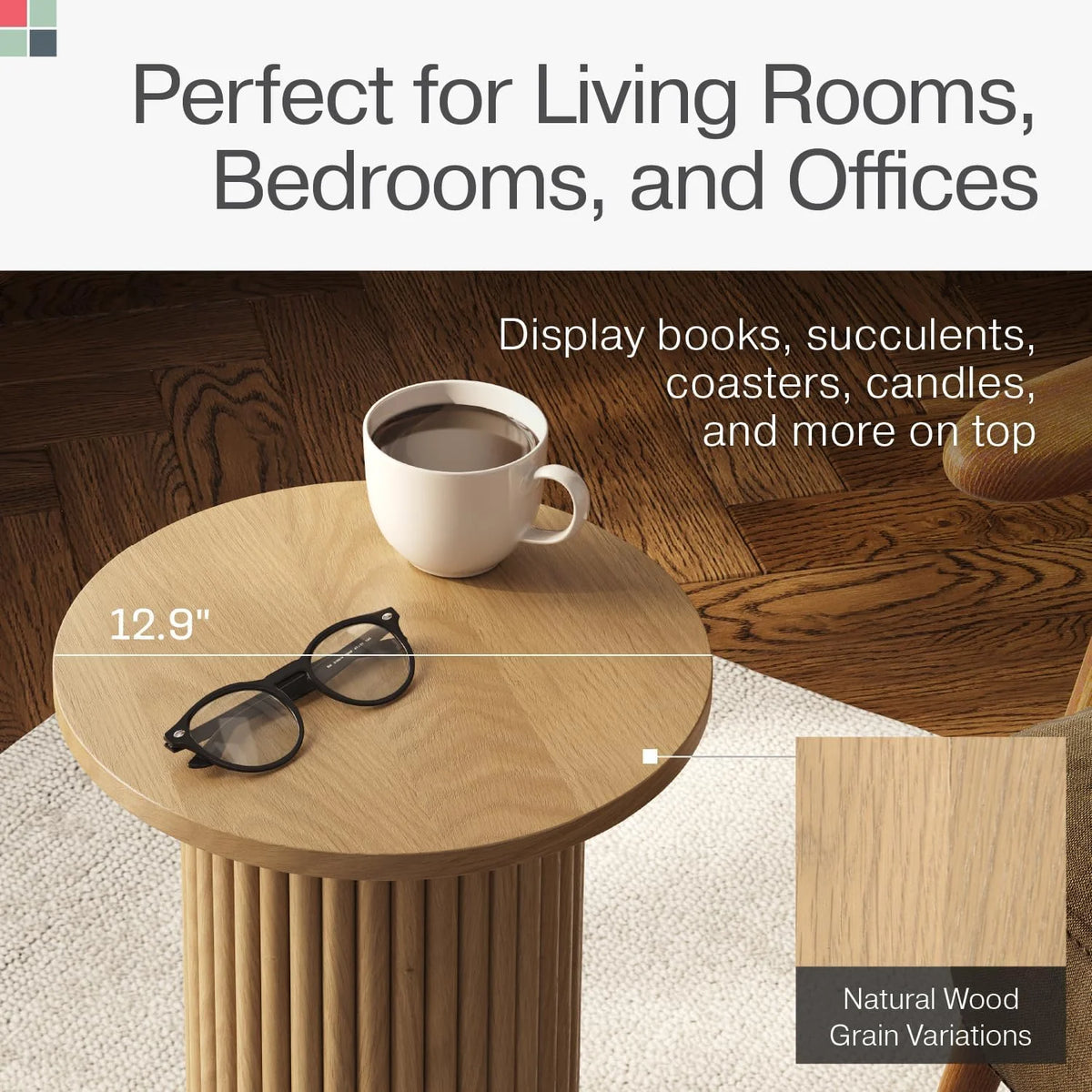 Round Fluted Wooden Side Table with Solid Oak Base A231444