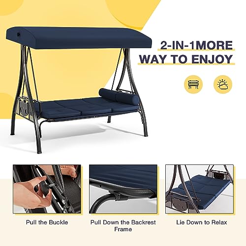 3 Person Outdoor Porch Swing with Cup Holder, Canopy, Cushions W481244