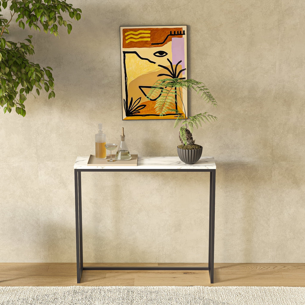 36" Faux Marble Console Table with Black Metal Frame S1867