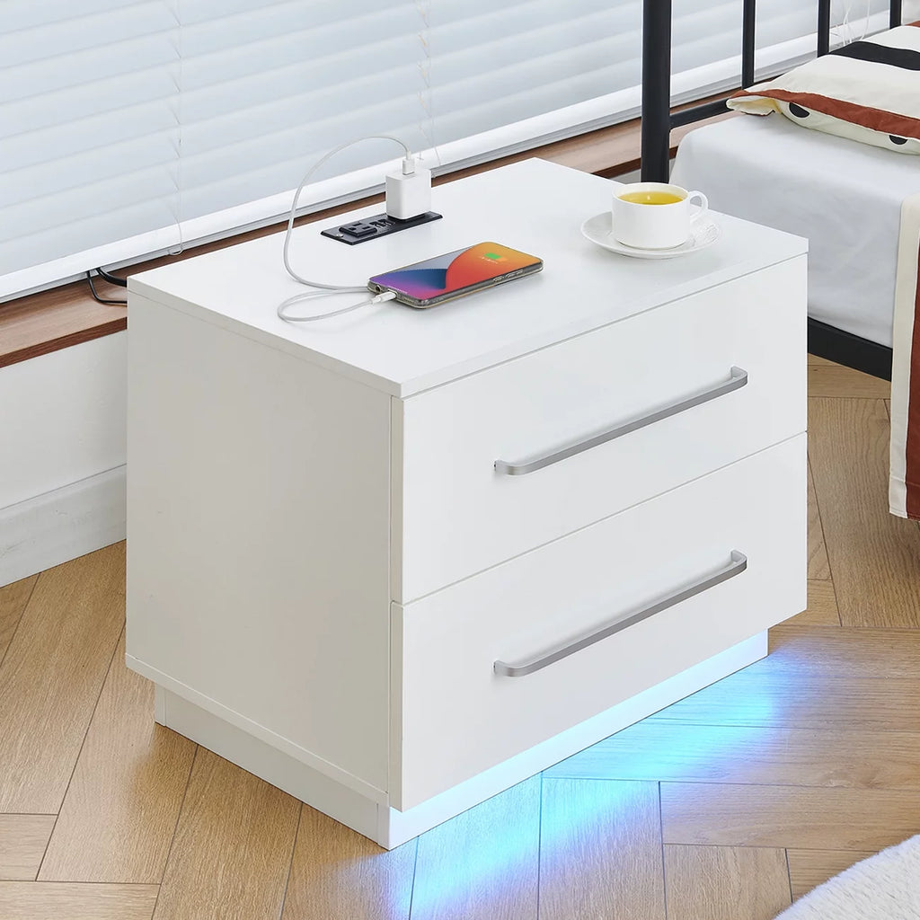 White High Gloss End Table with Charging Station and Storage Drawer U68501