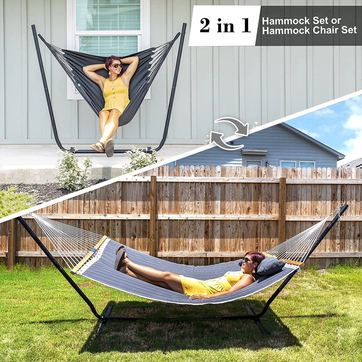 Dark Gray Polyester 2-in-1 Outdoor Hammock with Stand P937537