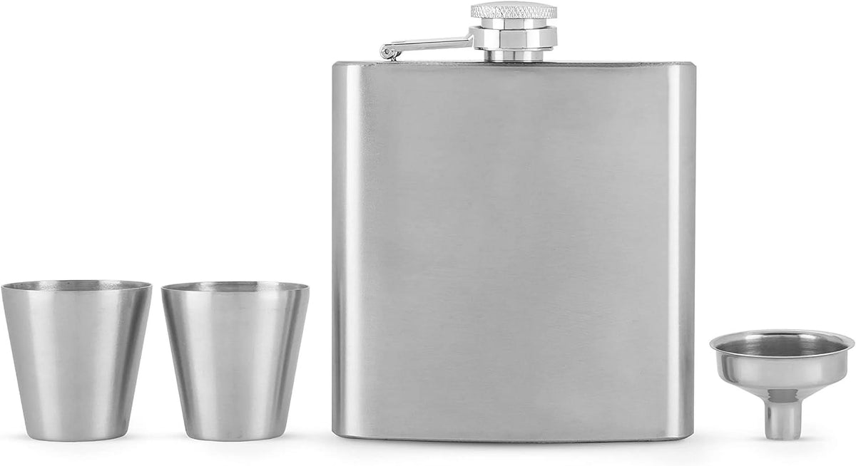 Silver Stainless Steel Flask and Shot Glass Set of 3 I1712