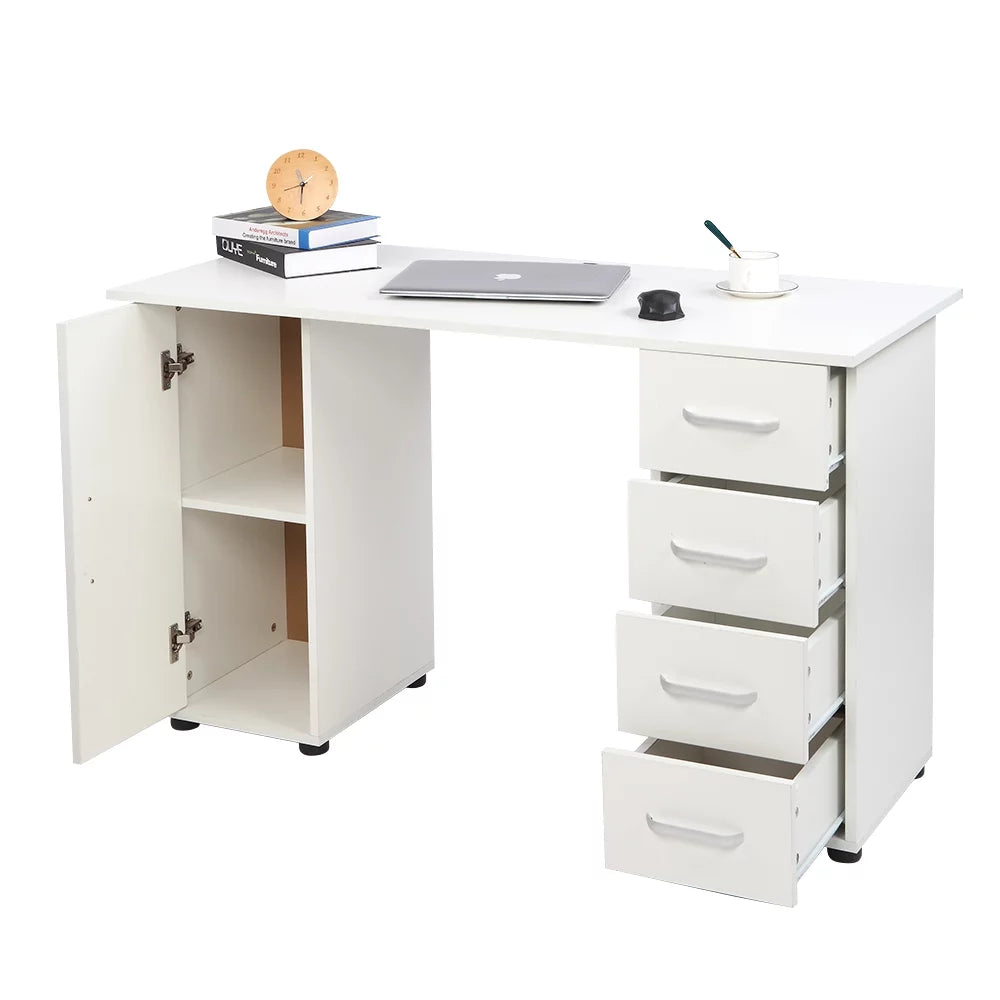 White Wood Computer Desk with 4 Drawers & 1 Cabinet H627