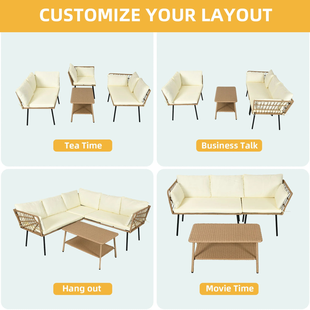 Beige Wicker L-Shaped Sofa Set with Cushions and Coffee Table W10071
