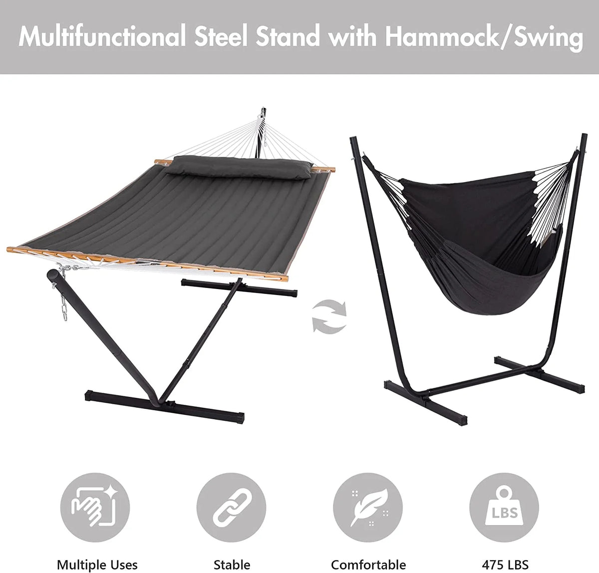 Dark Gray Polyester 2-in-1 Outdoor Hammock with Stand P937537