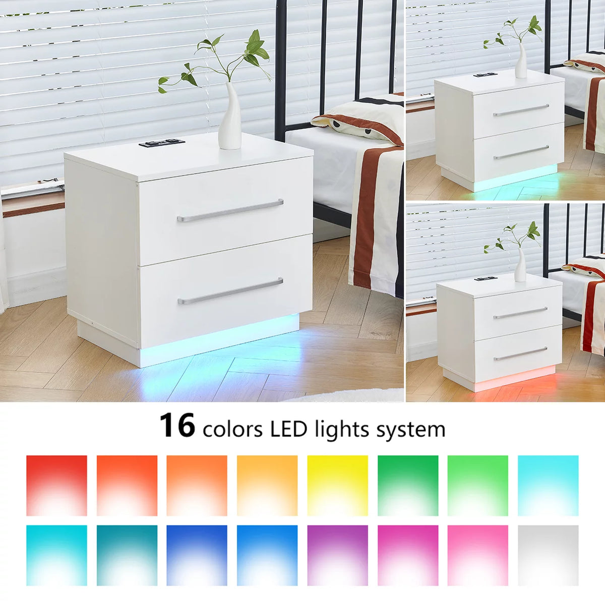 White High Gloss End Table with Charging Station and Storage Drawer U68501