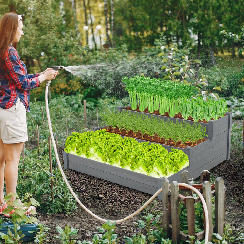 3-Tier Raised Fir Wood Garden Bed Planter O66955
