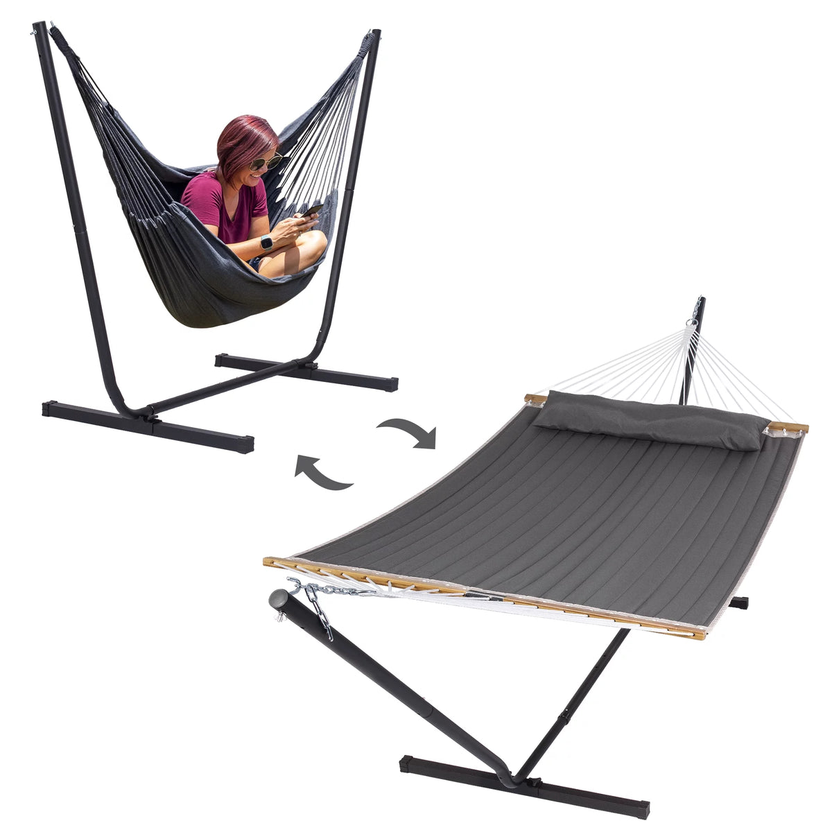 Dark Gray Polyester 2-in-1 Outdoor Hammock with Stand P937537