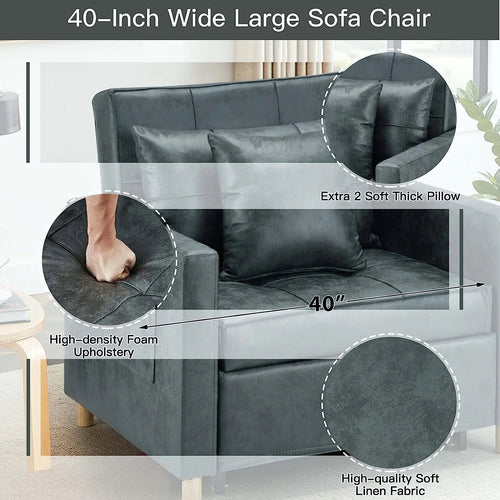 3-in-1 Convertible Chair Bed Sleeper with Adjustable Backrest and 2 Pillows O693