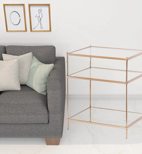 27 in. Glass & Iron Mirrored End Table with Shelf Q648