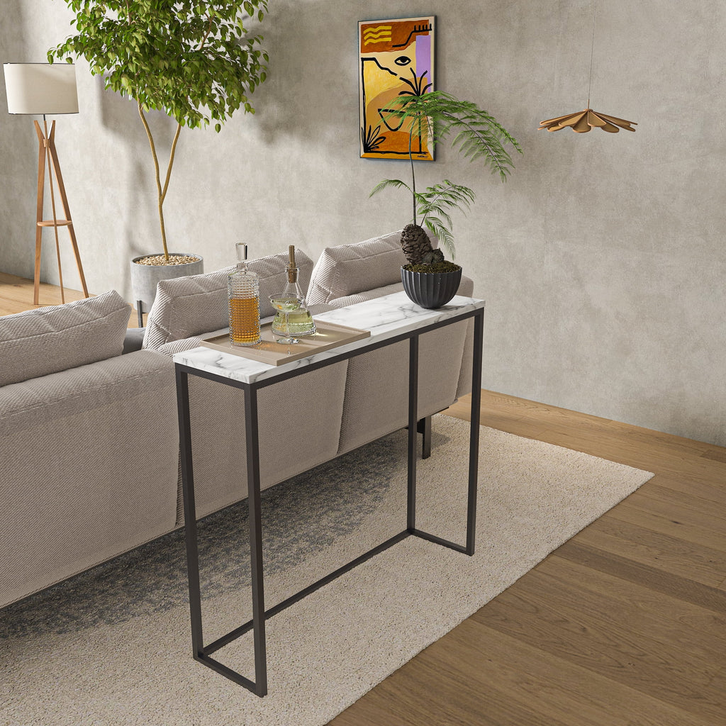 36" Faux Marble Console Table with Black Metal Frame S1867