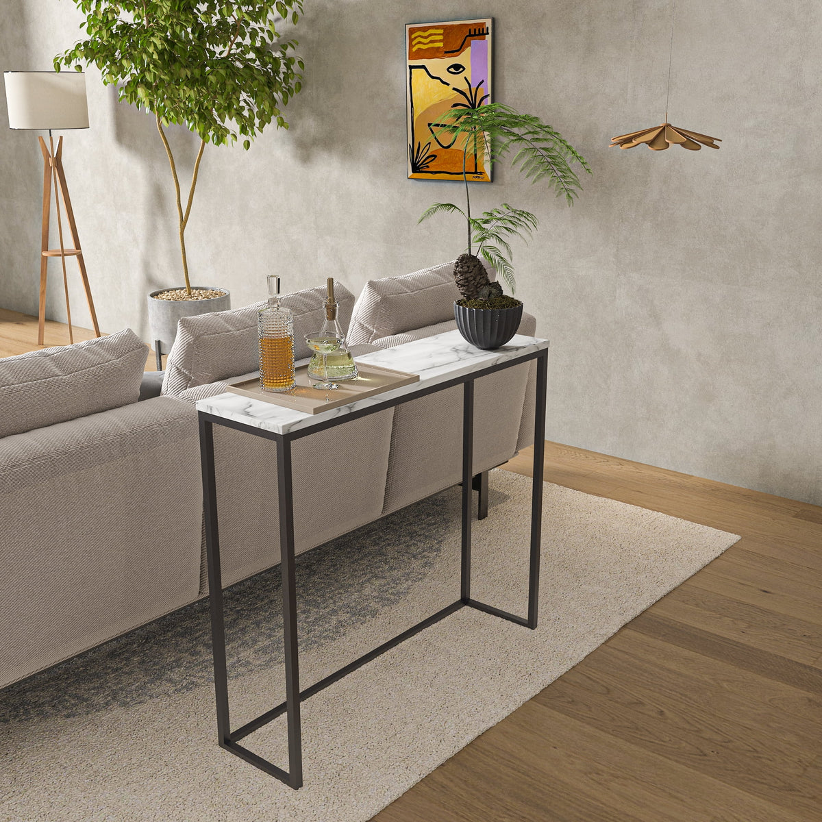 36" Faux Marble Console Table with Black Metal Frame S1867