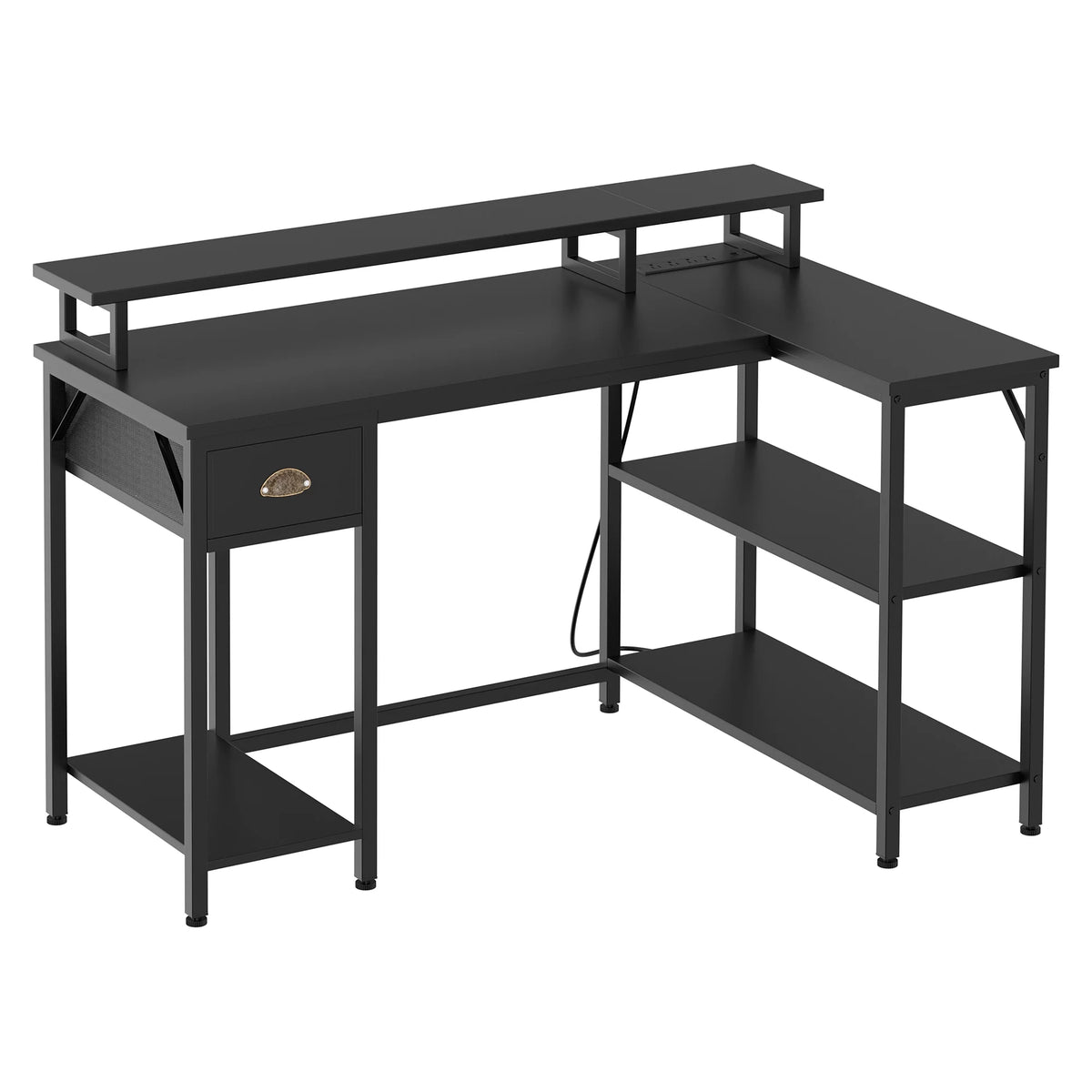 Black L Shaped Desk with Storage Shelves and Drawer T3477