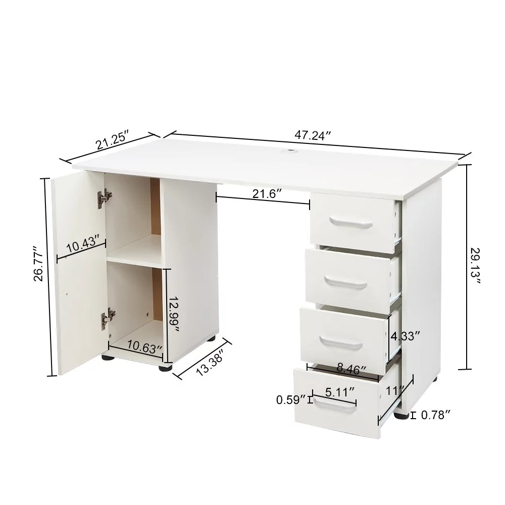 White Wood Computer Desk with 4 Drawers & 1 Cabinet H627