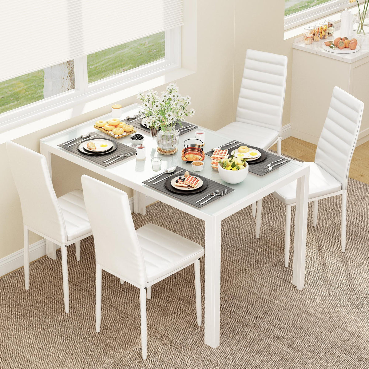 5 Piece Glass Dining Table Set with PU Leather Chairs U5253