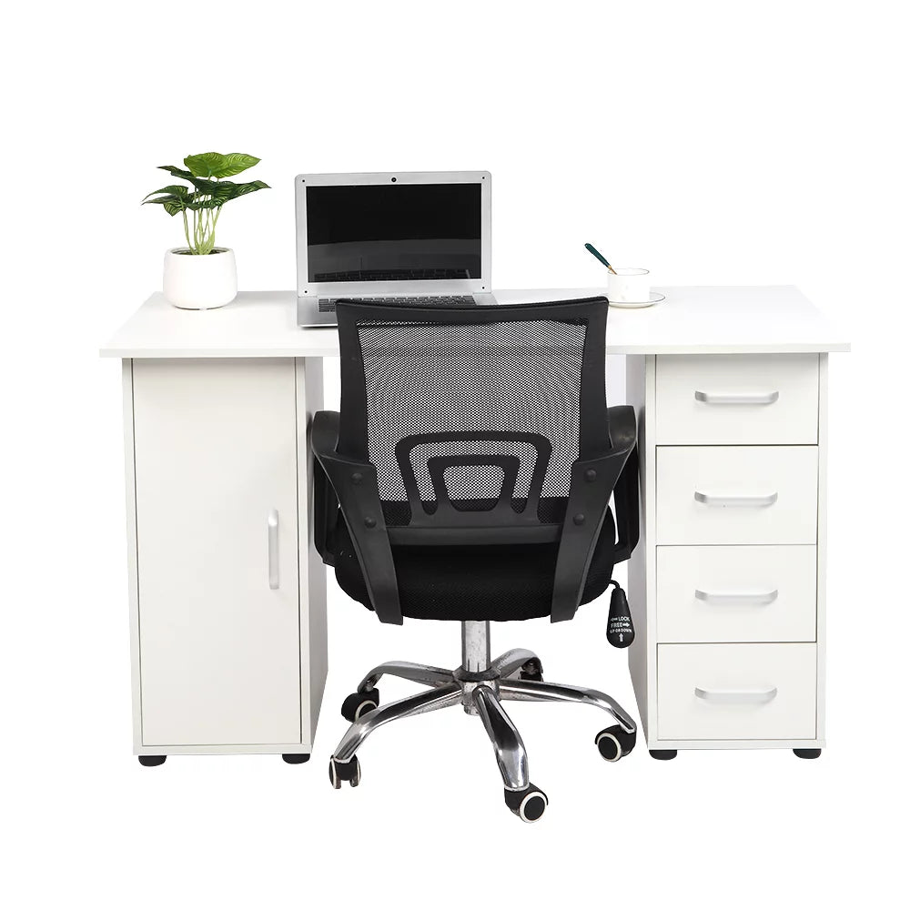 White Wood Computer Desk with 4 Drawers & 1 Cabinet H627