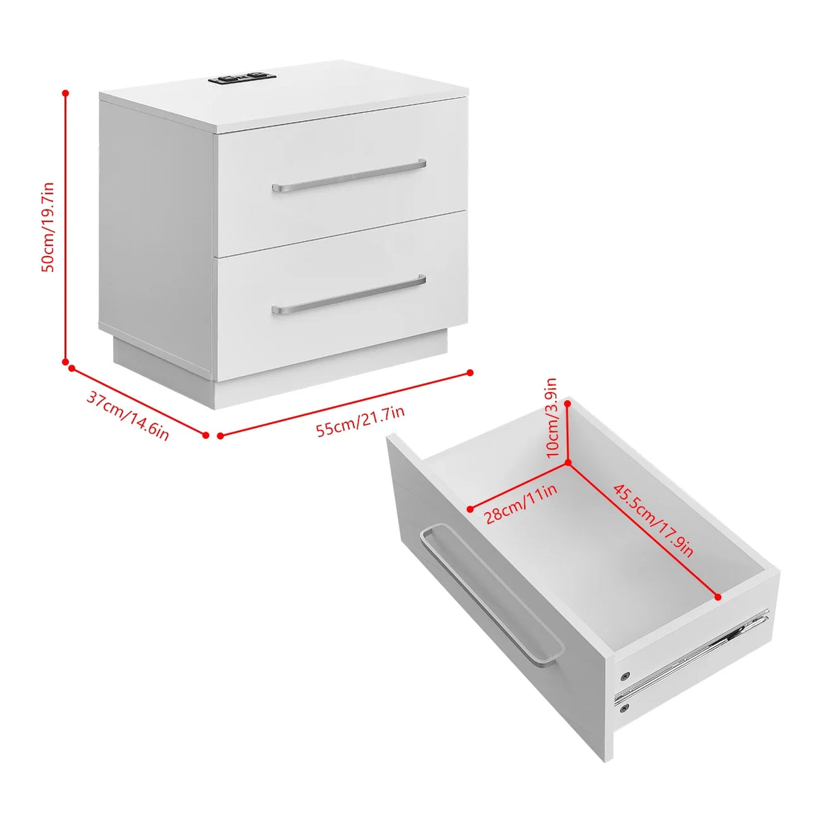 White High Gloss End Table with Charging Station and Storage Drawer U68501