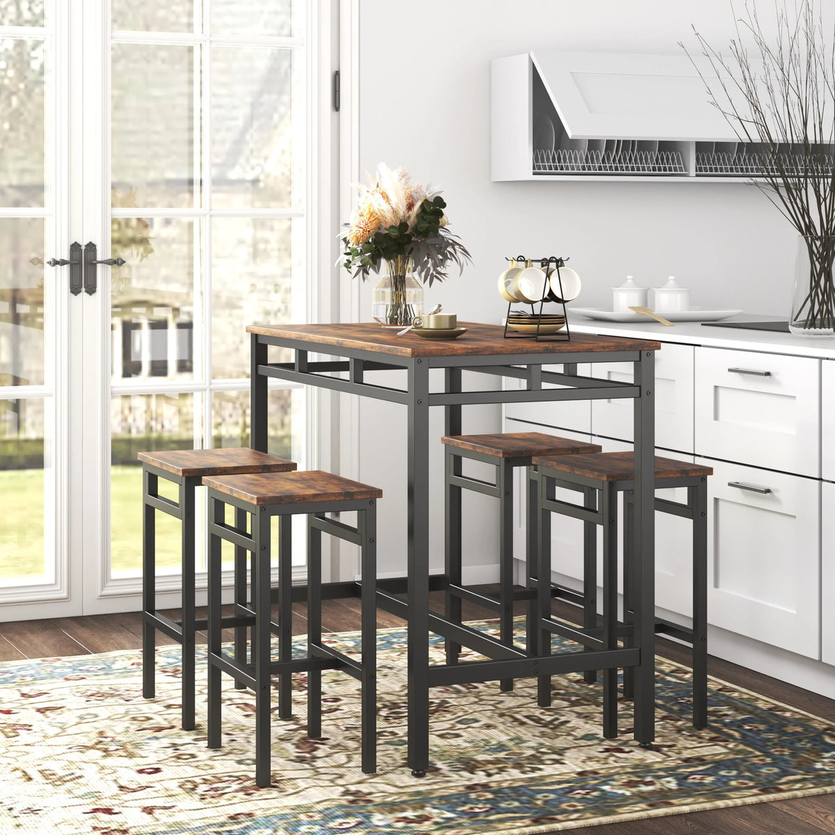 Bar Table Set of 5 Counter Height Dining Table & 4 Stools Rustic Brown O1496