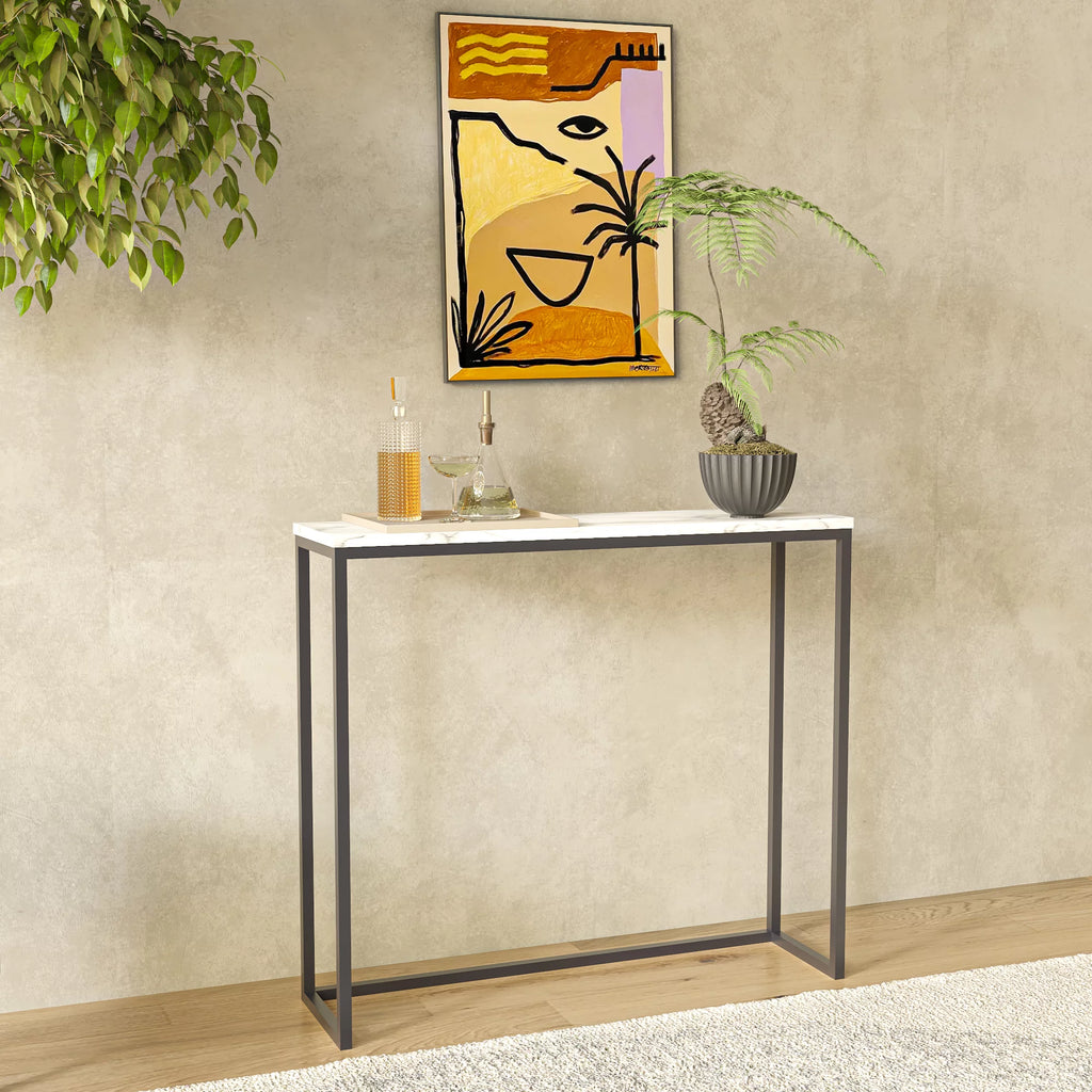36" Faux Marble Console Table with Black Metal Frame S1867