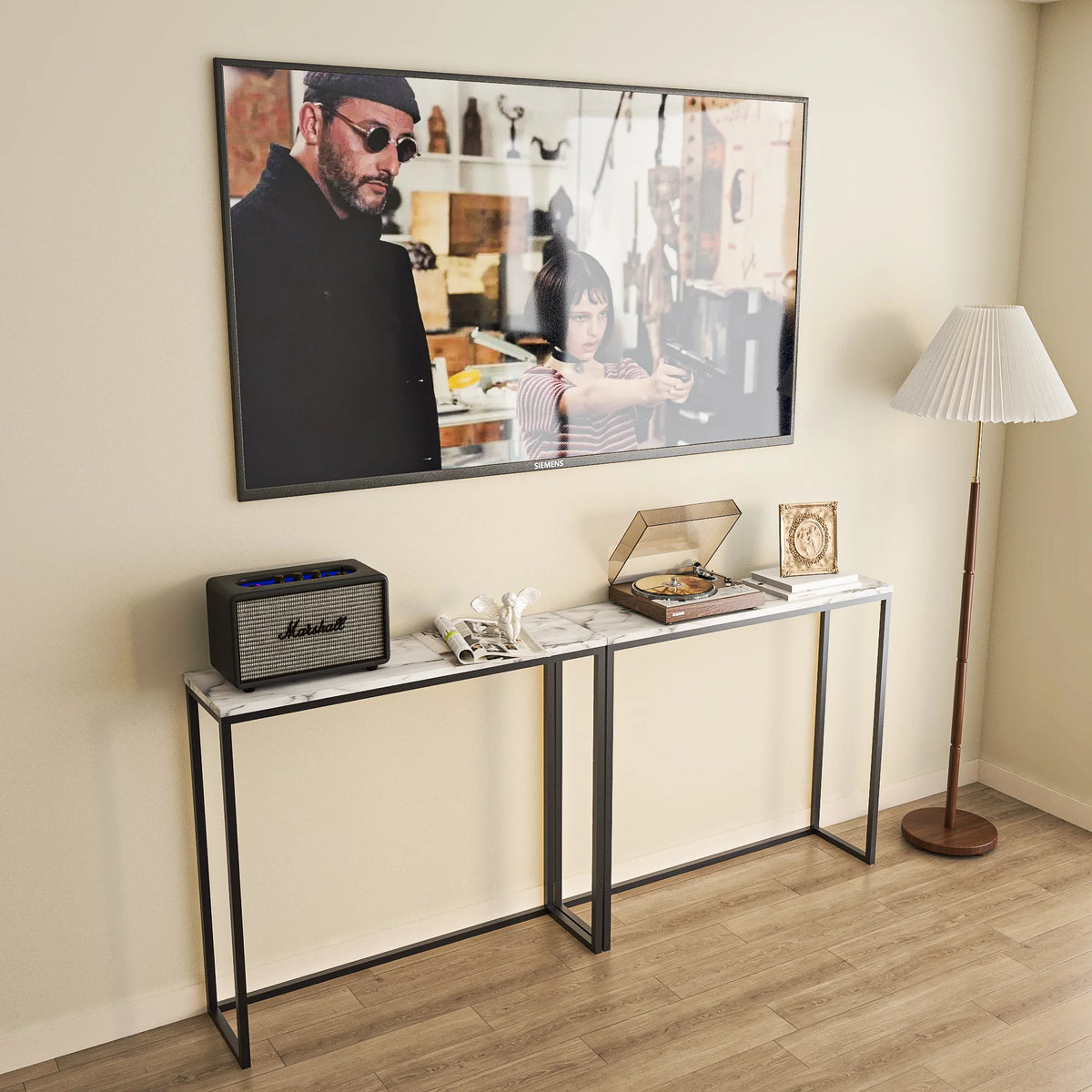 36" Faux Marble Console Table with Black Metal Frame S1867