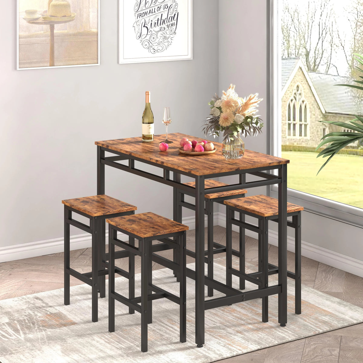 Bar Table Set of 5 Counter Height Dining Table & 4 Stools Rustic Brown O1496