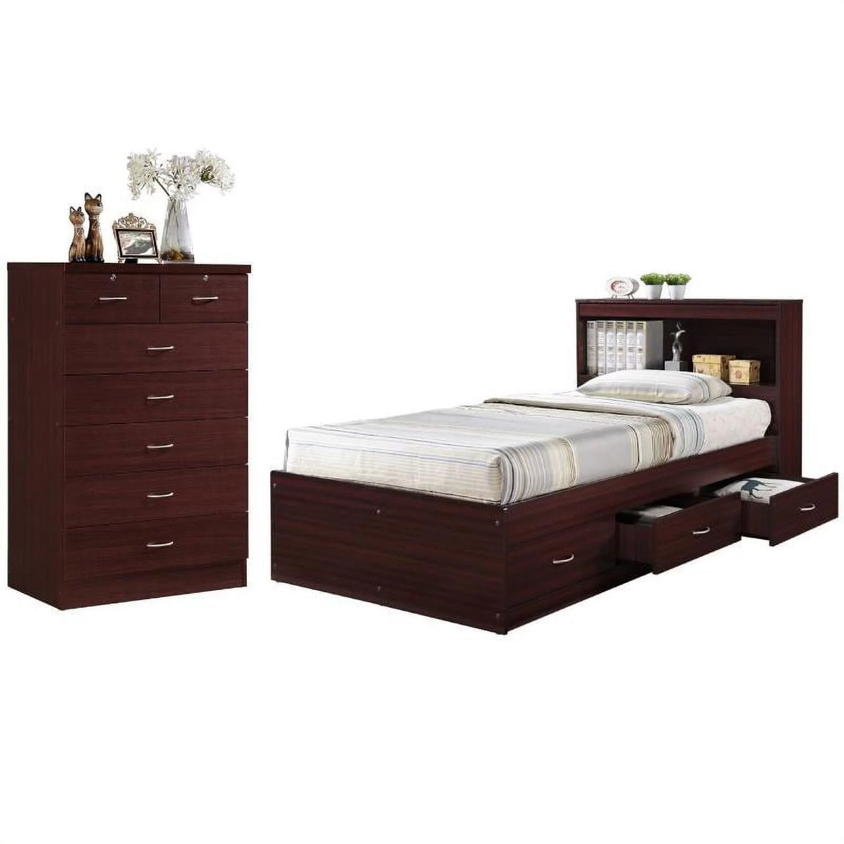 2 Piece Captain Bed and 7 Drawer Chest Set Mahogany Wood L17834
