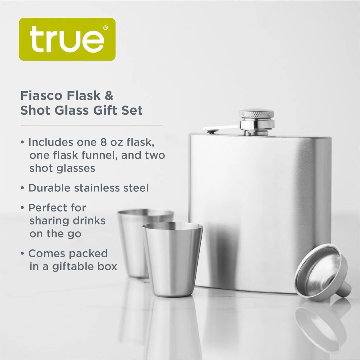 Silver Stainless Steel Flask and Shot Glass Set of 3 I1712