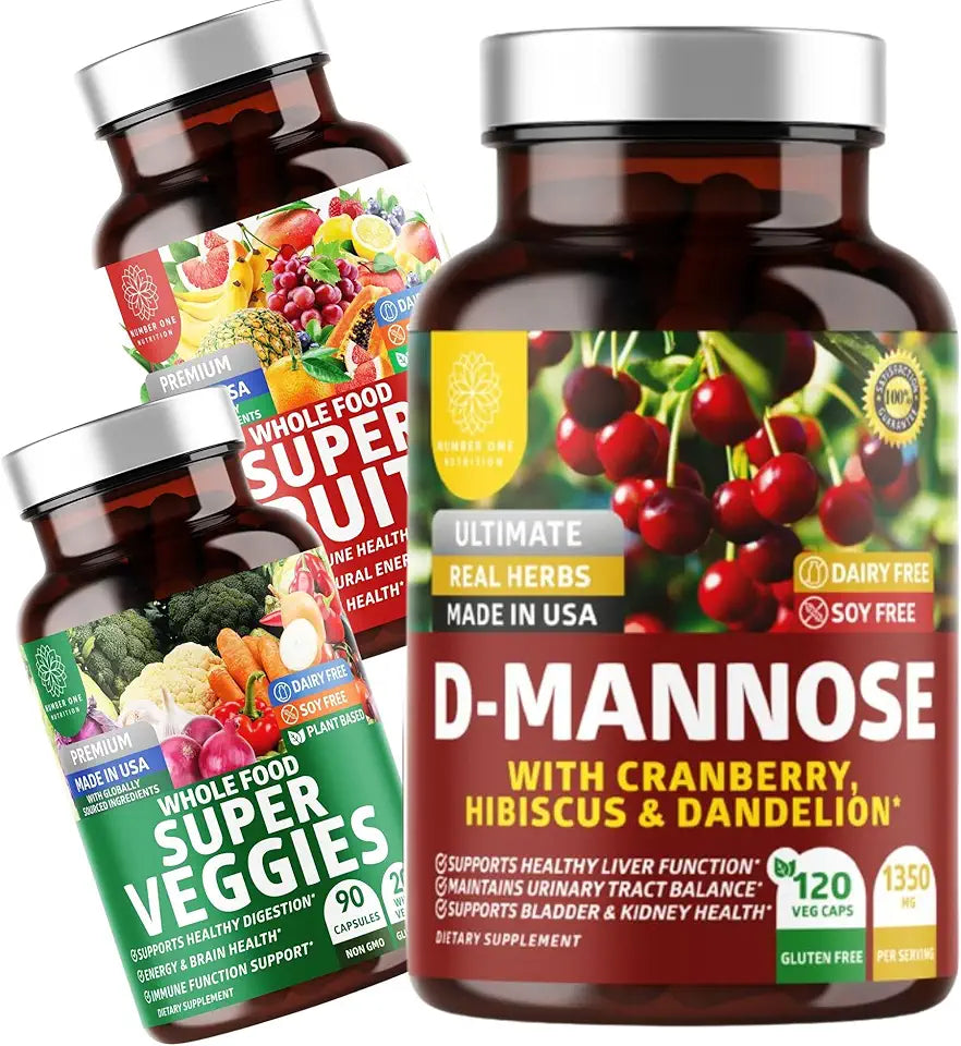 D-Mannose with Cranberry & Hibiscus 120 Capsules and Super Fruits & Veggies 180 Capsules 2 Pack V959