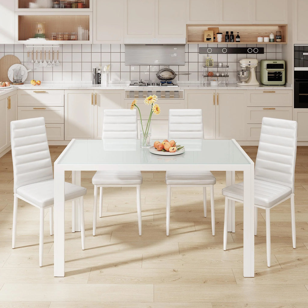 5 Piece Glass Dining Table Set with PU Leather Chairs U5253