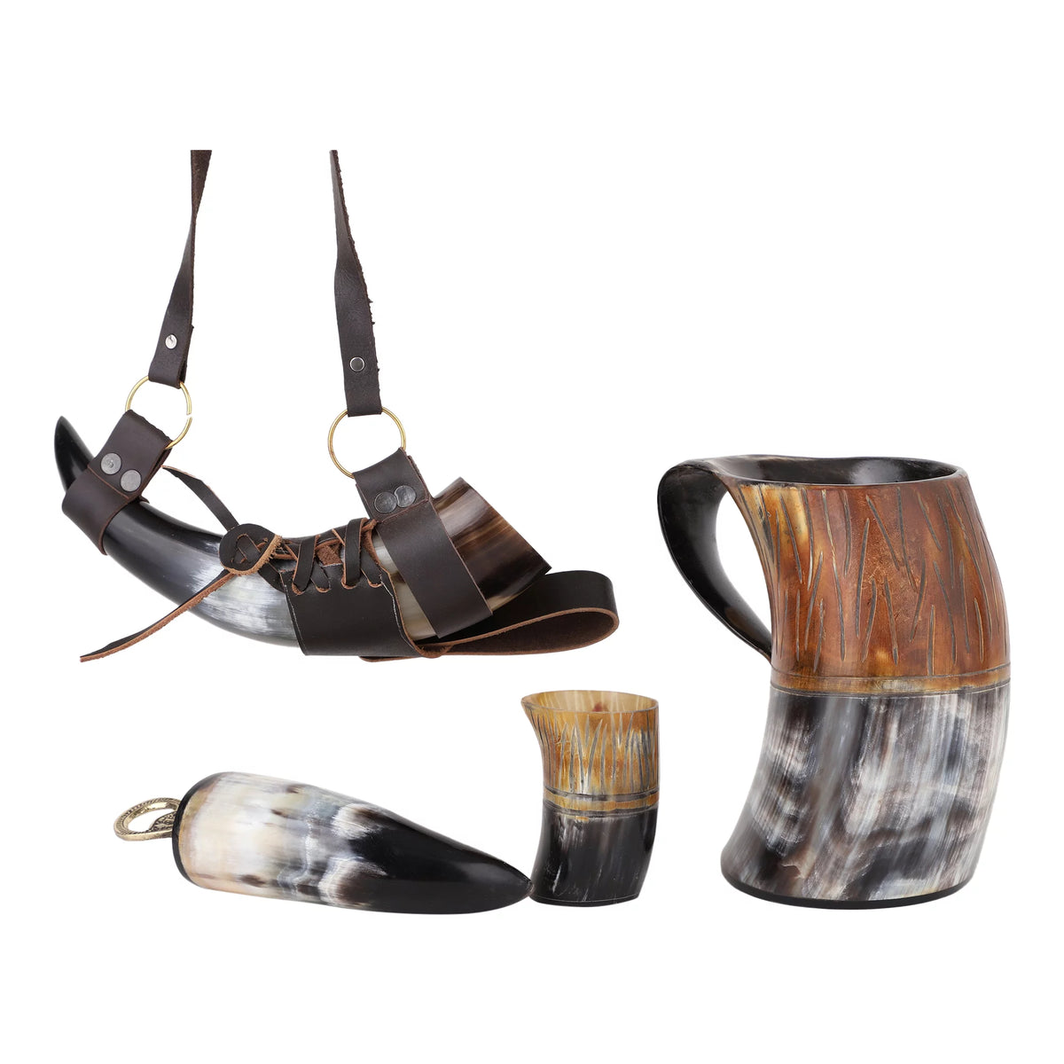 Handmade Natural Ox-Horn Drinking Horn Set with Belt Holster O26001
