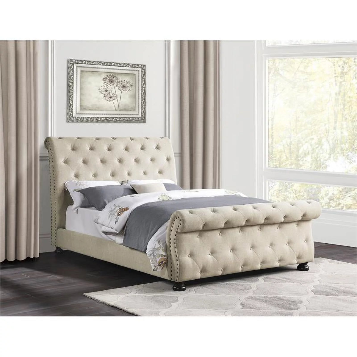 Beige California King Wood Tufted Sleigh Bed X854753