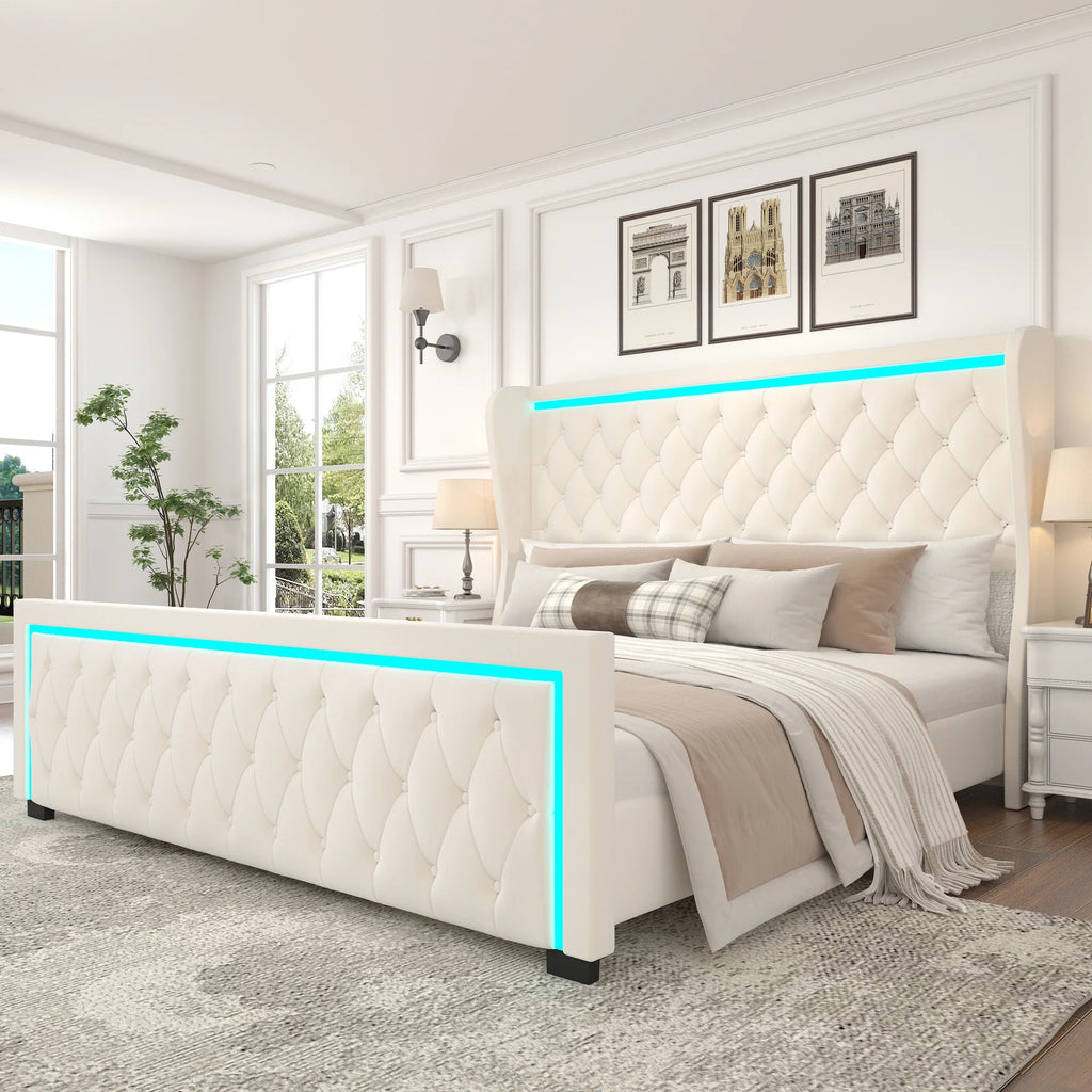 Queen Velvet Upholstered Platform Bed Frame with Headboard I432