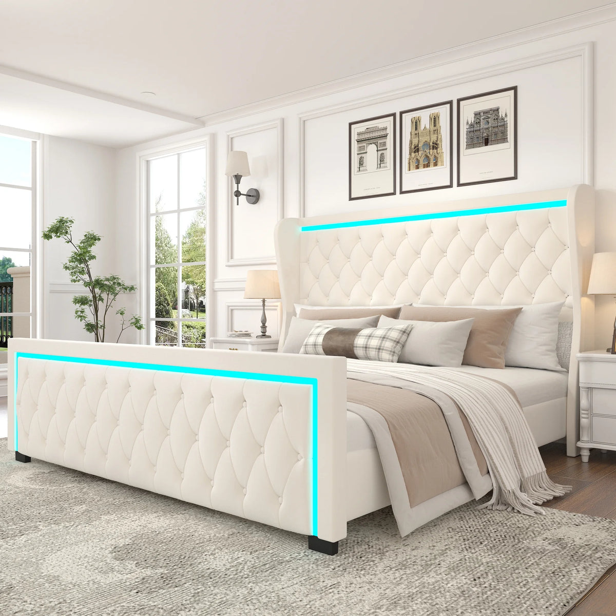 Queen Velvet Upholstered Platform Bed Frame with Headboard I432