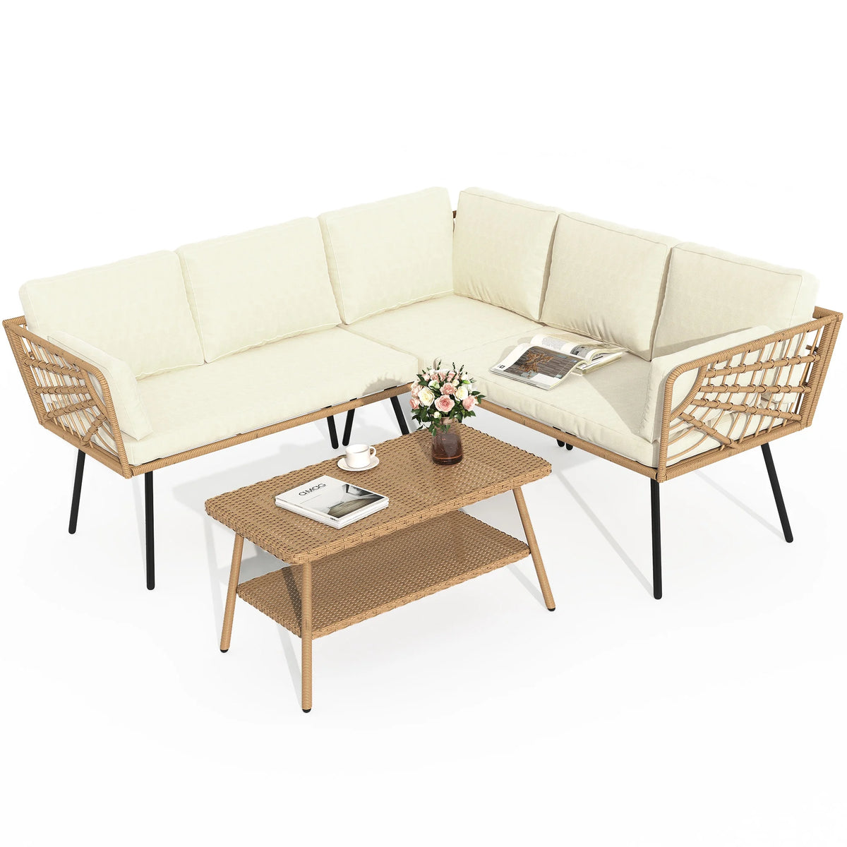Beige Wicker L-Shaped Sofa Set with Cushions and Coffee Table W10071