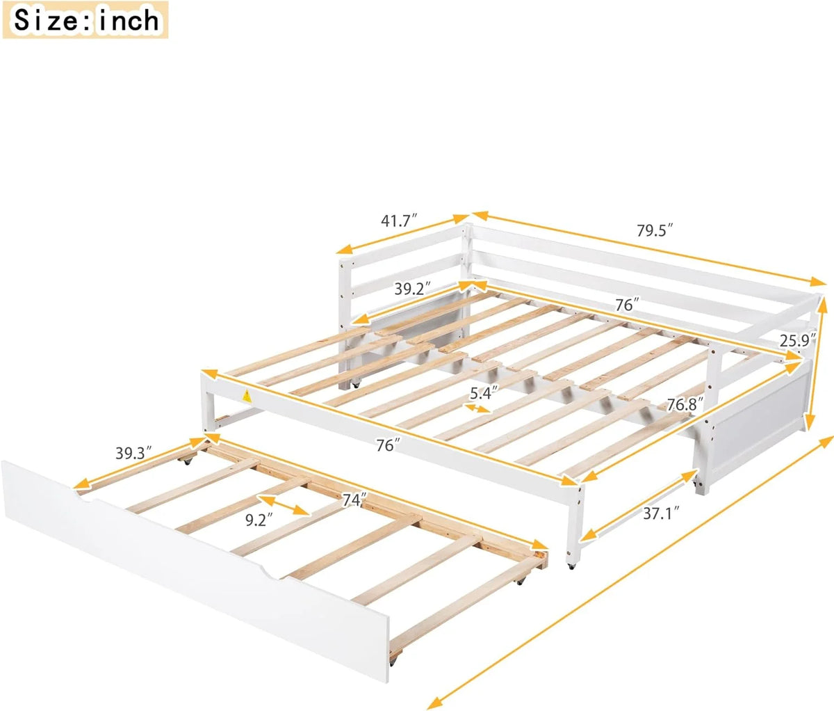 White Wood Extendable Daybed with Trundle N3419