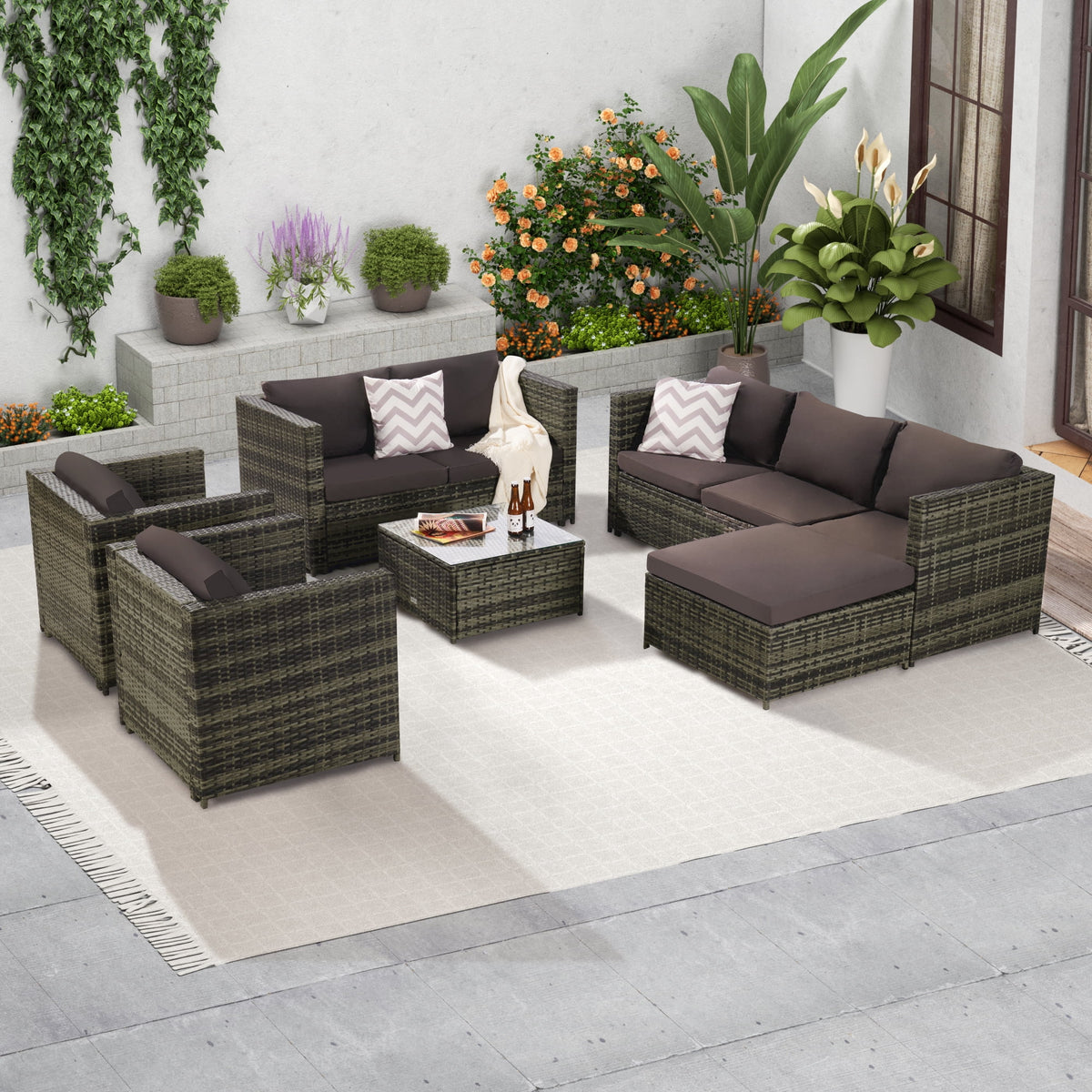 6 Pieces All-Weather Wicker Patio Furniture Set with Coffee Table & Ottoman H68864