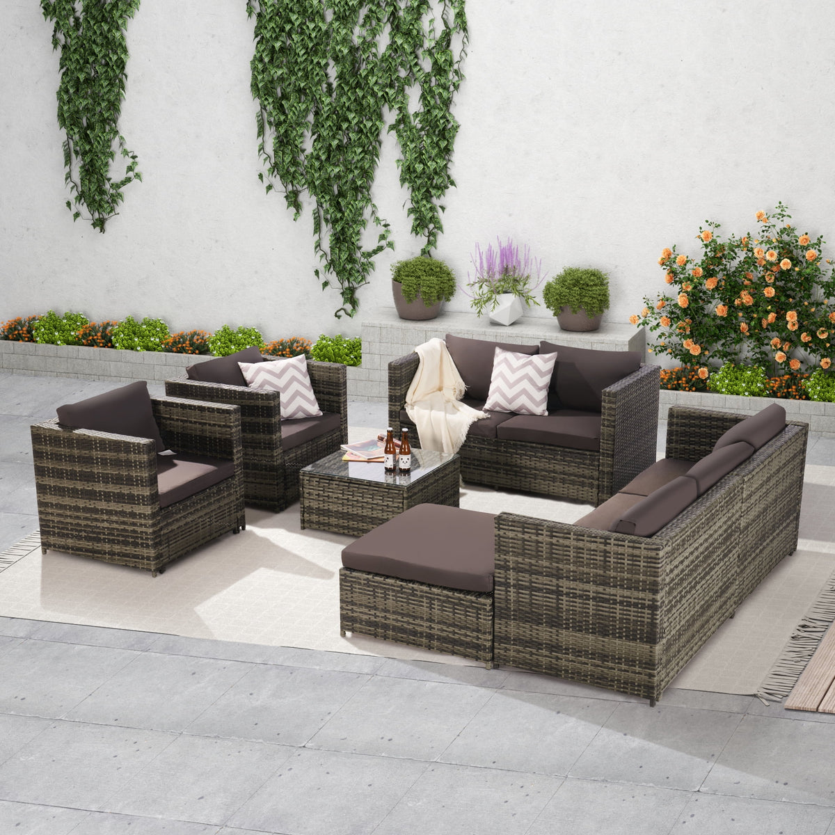 6 Pieces All-Weather Wicker Patio Furniture Set with Coffee Table & Ottoman H68864