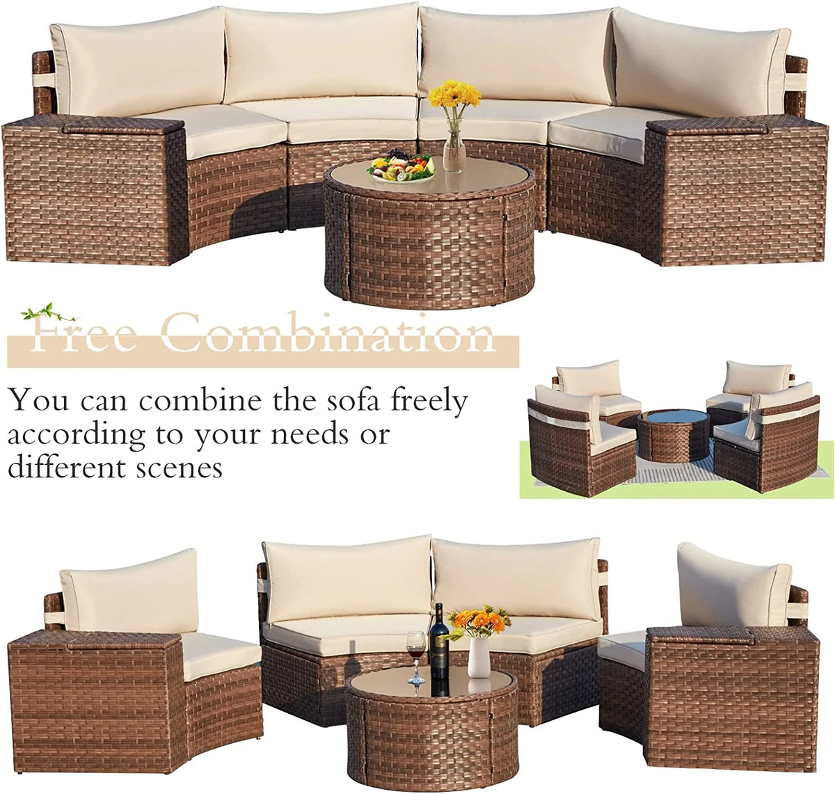 7 Piece Outdoor Patio Sectional Sofa Set with Storage Armrest B4982