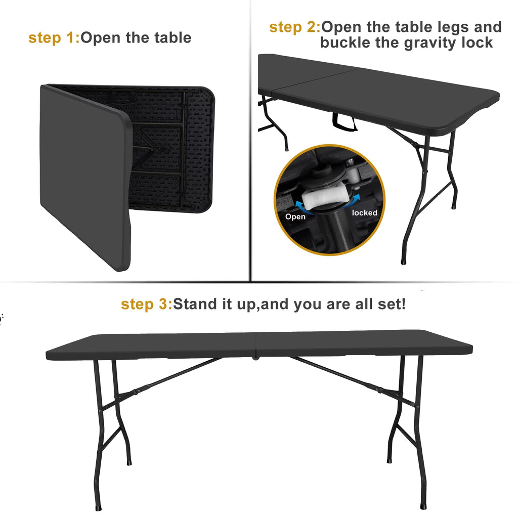 6 ft Rectangular Black Plastic Folding Table I7104