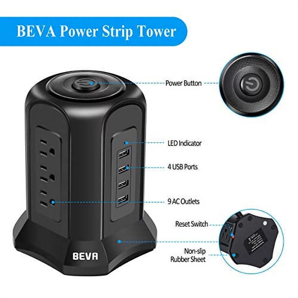 Black Power Strip Tower Surge Protector with 9 AC Outlets 4 USB Ports 6 ft Extension Cord V863